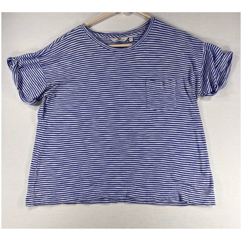 Vineyard Vines Womens Blue White Striped Cotton Pocket T-Shirt Size L Relaxed